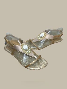 Azaleia Tan Bronze T-Strap Sandals 8 Gold Stones Ankle Strap Light Comfy Shoes